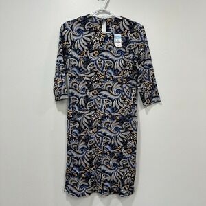 J Mclaughlin Women Catalyst Dress XS Blue Rayon 3/4 Sleeve Paisley Stretch Knee